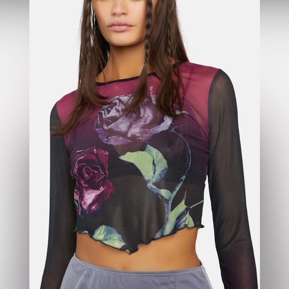Like New Dollskill Mesh Kiss My Rose Cropped Top Black Magenta Lime Green V Cut - Picture 1 of 3